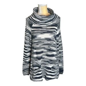 Lucky Brand Oversized Tunic Sweater Cowl Neck Front Pockets Size M Black White